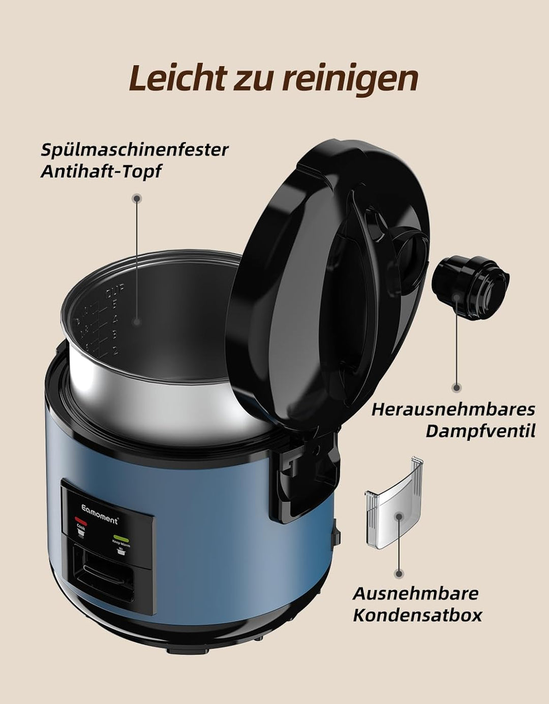 Eamoment DRC-5020BL 1L|400W Reiskocher & Dampfgarer(1ltr-5 Tassen) Für 1-5 Personen Schnelles Kochen
