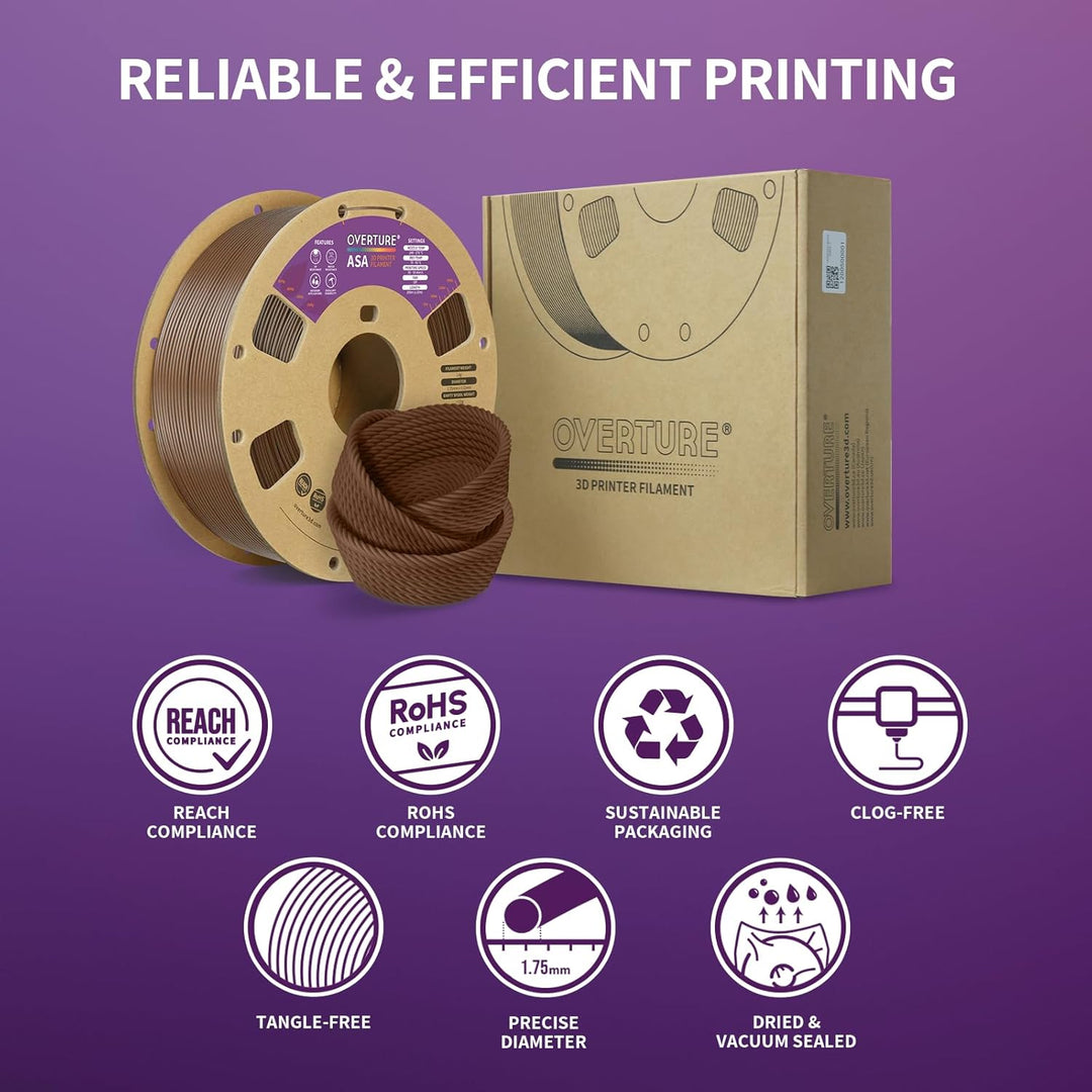 OVERTURE ASA Filament 1.75mm, Spule 1kg (2.2lbs), Massgenauigkeit +/- 0.03 mm, für 3D Drucker (Braun
