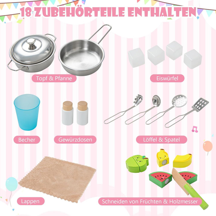 COSTWAY Kinderküche Spielküche inkl. 18 Zubehör, Kinder Küche Holz mit Spüle Mikrowelle Eismaschine