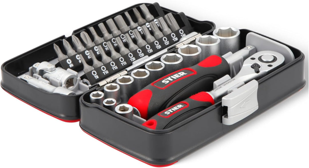 STIER Steckschlüssel- und Bit-Satz, 38-teilig, Umschaltknarre 1/4 Zoll, Sechskant-Steckschlüsseleins