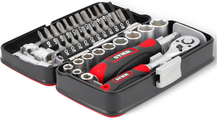 STIER Steckschlüssel- und Bit-Satz, 38-teilig, Umschaltknarre 1/4 Zoll, Sechskant-Steckschlüsseleins