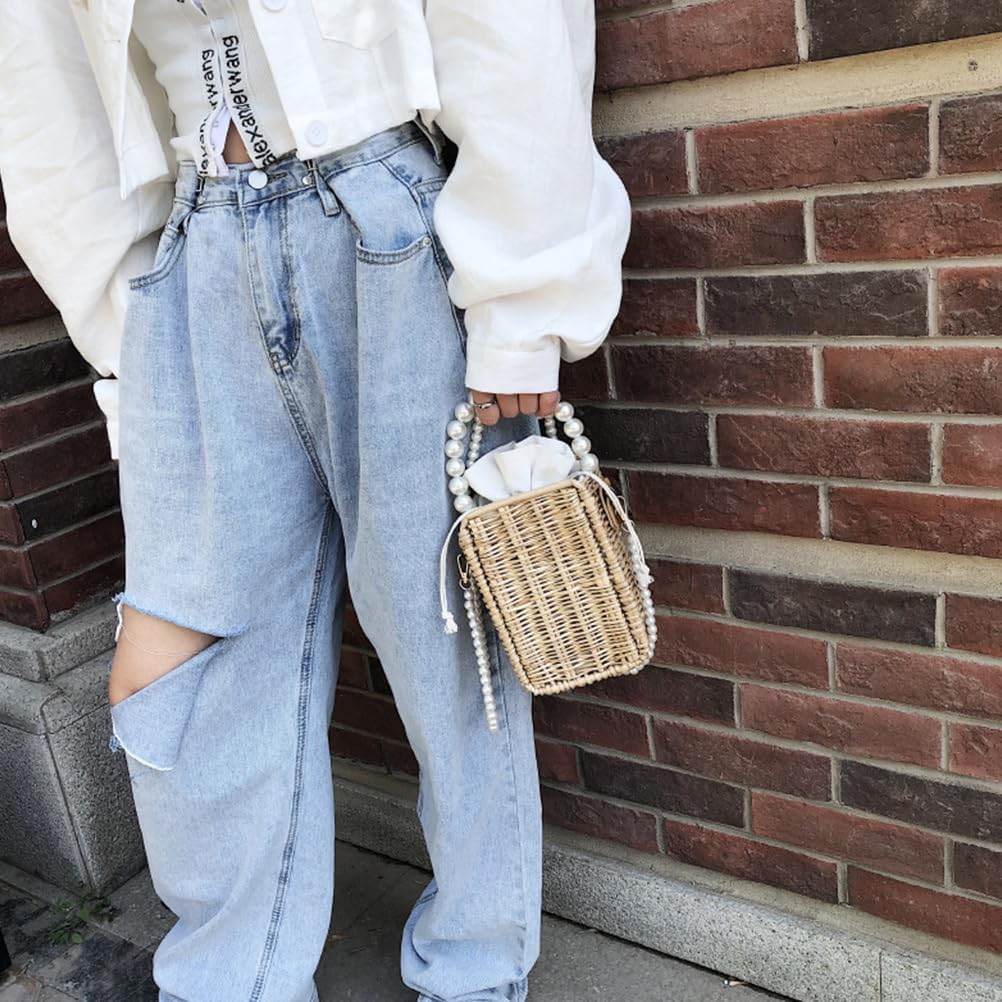 Amosfun Rattan Umhängetaschen Handgemachte Stroh Taschen mit Perlen Perlen Schulter Gurt Und Griff B