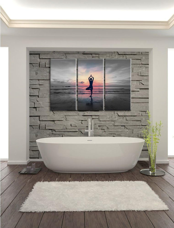 Pixxprint Yoga am Strand als Leinwandbild | Grösse: 3 Teilig (120x80) | Wandbild| Kunstdruck | ferti