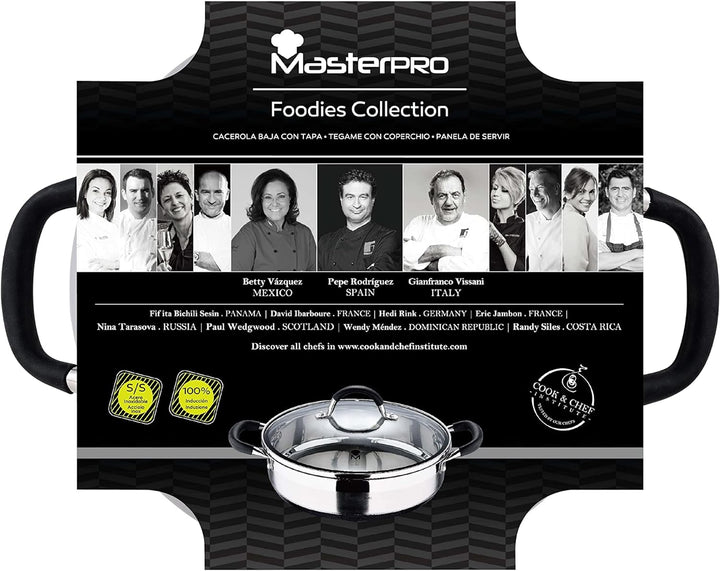 MasterPro Foodies | Niedriger Kochtopf mit Glasdeckel | 3,8 L Fassungsvermögen | Hergestellt aus Ede