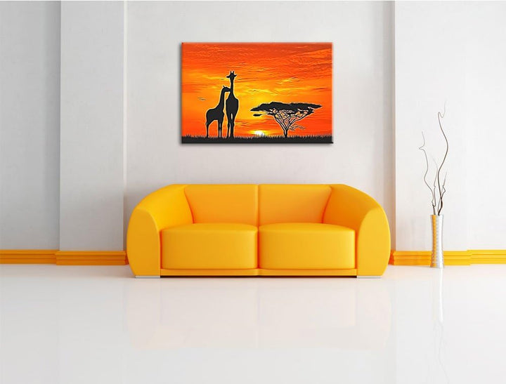 Giraffen im Sonnenuntergang Deluxe Format: 100x70 cm auf Leinwand, XXL riesige Bilder fertig gerahmt