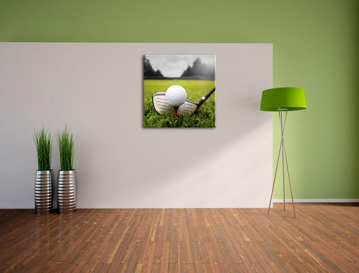 Golf Abschlag Schwarz/Weiss, Format: 70x70 auf Leinwand, XXL riesige Bilder fertig gerahmt mit Keilr