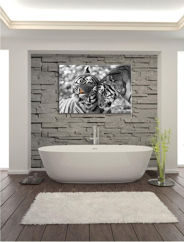 Pixxprint Zwei liebkosende Tiger B&W Detail, Format: 100x70 auf Leinwand, 100x70