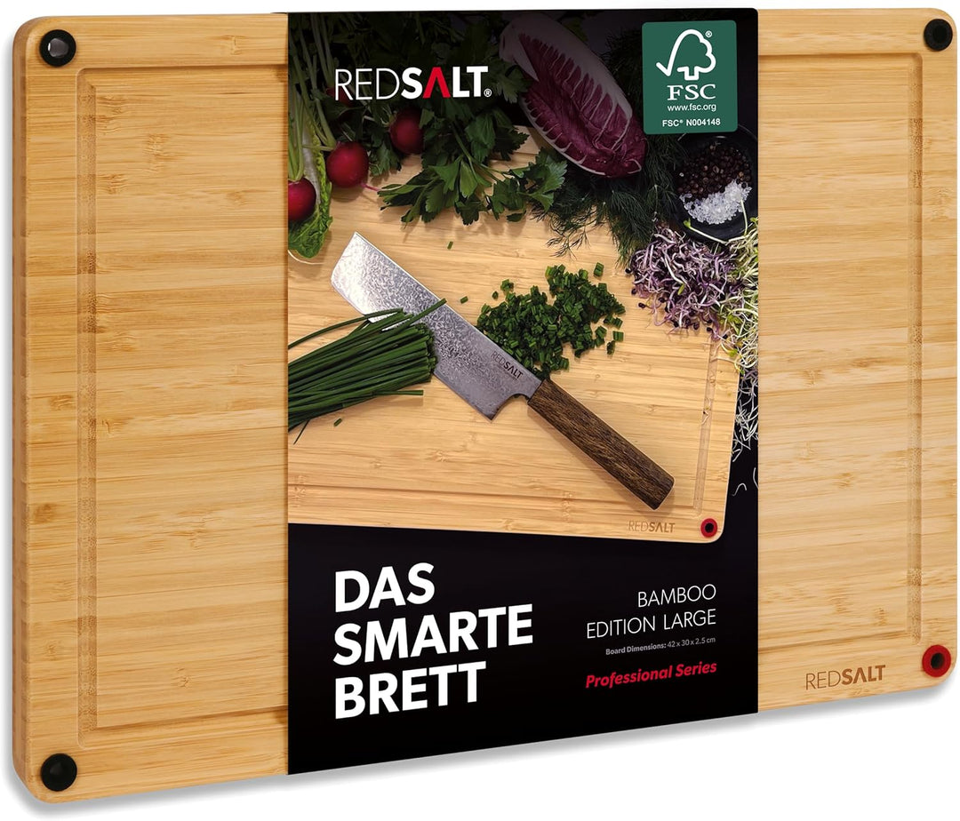 REDSALT® innovatives Bio Bambus Holz Schneidebrett rutschfest | 42x30x2,5cm gross Holzbrett beidseit