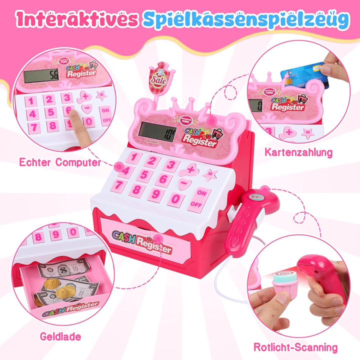 Charmofun Kasse Spielzeug mit Eisdiele für Kinder - inkl. 48 Zubehör (15 Eiscreme, 5 Kuchen, 7 Beste