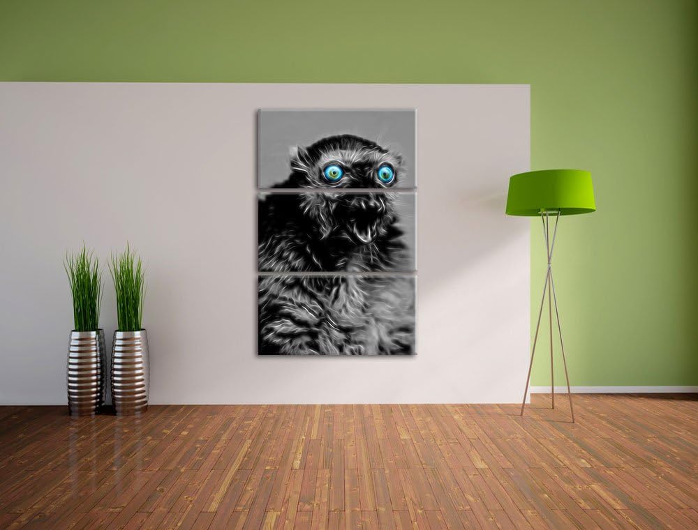 aufmerksamer seltener Blauaugenmaki schwarz/weiss Deluxe 3-Teiler Leinwandbild 120x80 Bild auf Leinw