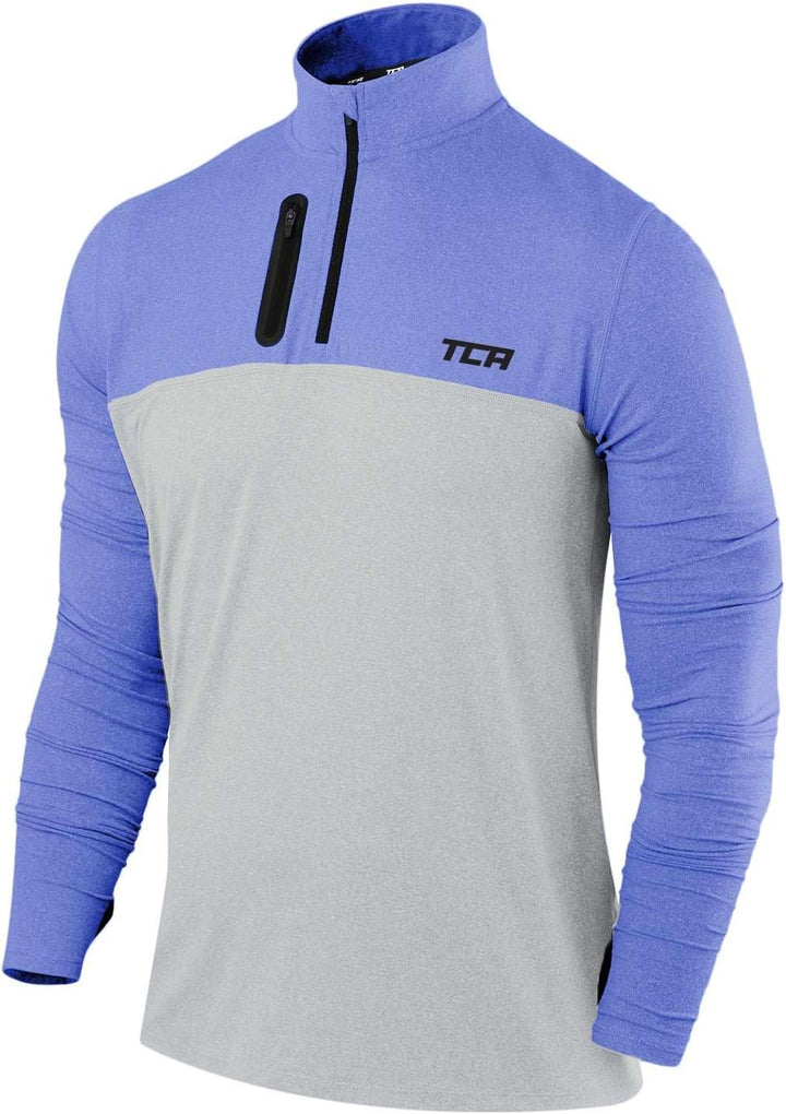TCA Herren Fusion Pro Quickdry Langarm Lauf Shirt mit Halbem Reissverschluss Blau/Grau S, Blau/Grau