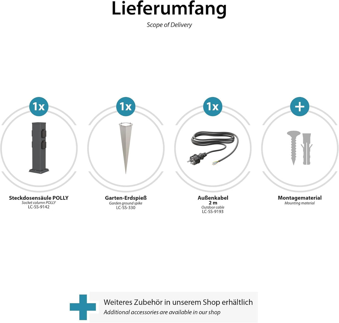 ledscom.de 3 Stück Garten-Steckdosen-Säule Polly mit Erdspiess und 2m Kabel für aussen, IP44, 4-Fach