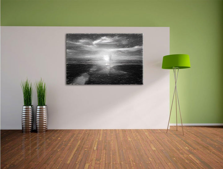 Pixxprint Yoga Silhouette am Strand / 100x70cm Leinwandbild bespannt auf Holzrahmen/Wandbild Kunstdr