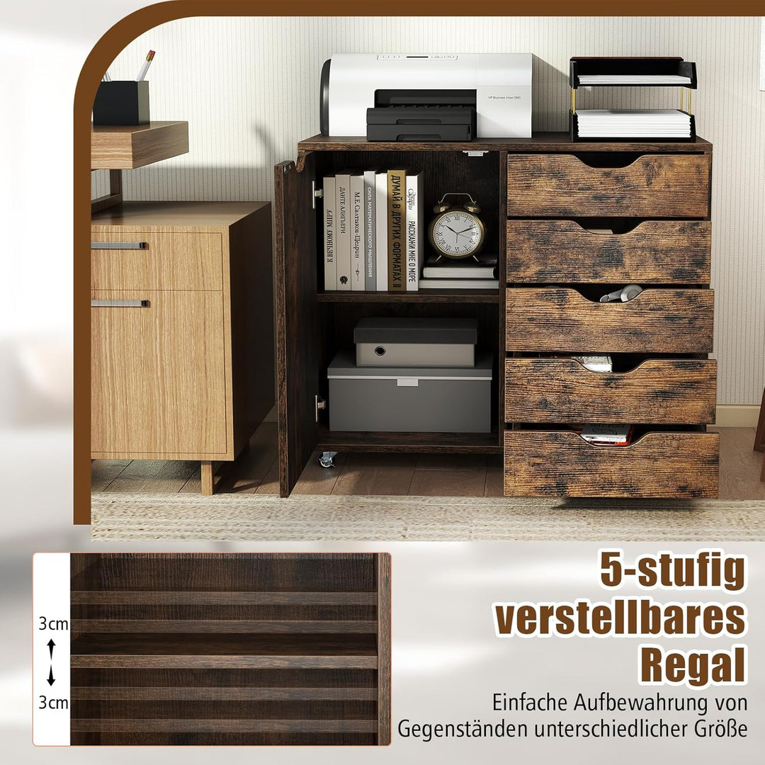 COSTWAY Rollcontainer mit 5 Schubladen, mobiler Aktenschrank mit Tür, Arbeitsplatte & Rollen, Rollwa