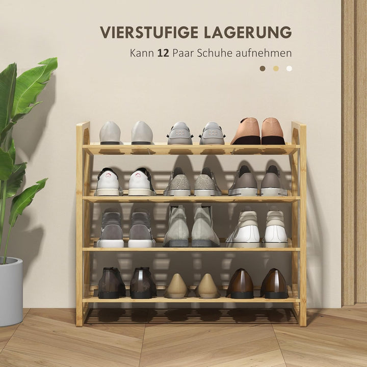 HOMCOM Schuhregal, Schuhständer mit 4 Ebenen aus Bambus, für max. 12 Paar Schuhe, Schuhablage mit Gr
