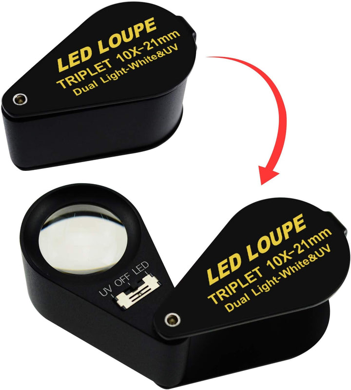 10x21mm Lupe Juwelier Lupe LED UV-Licht Triplet Objektiv Vergrösserungsstein Optisches Werkzeug 10-f