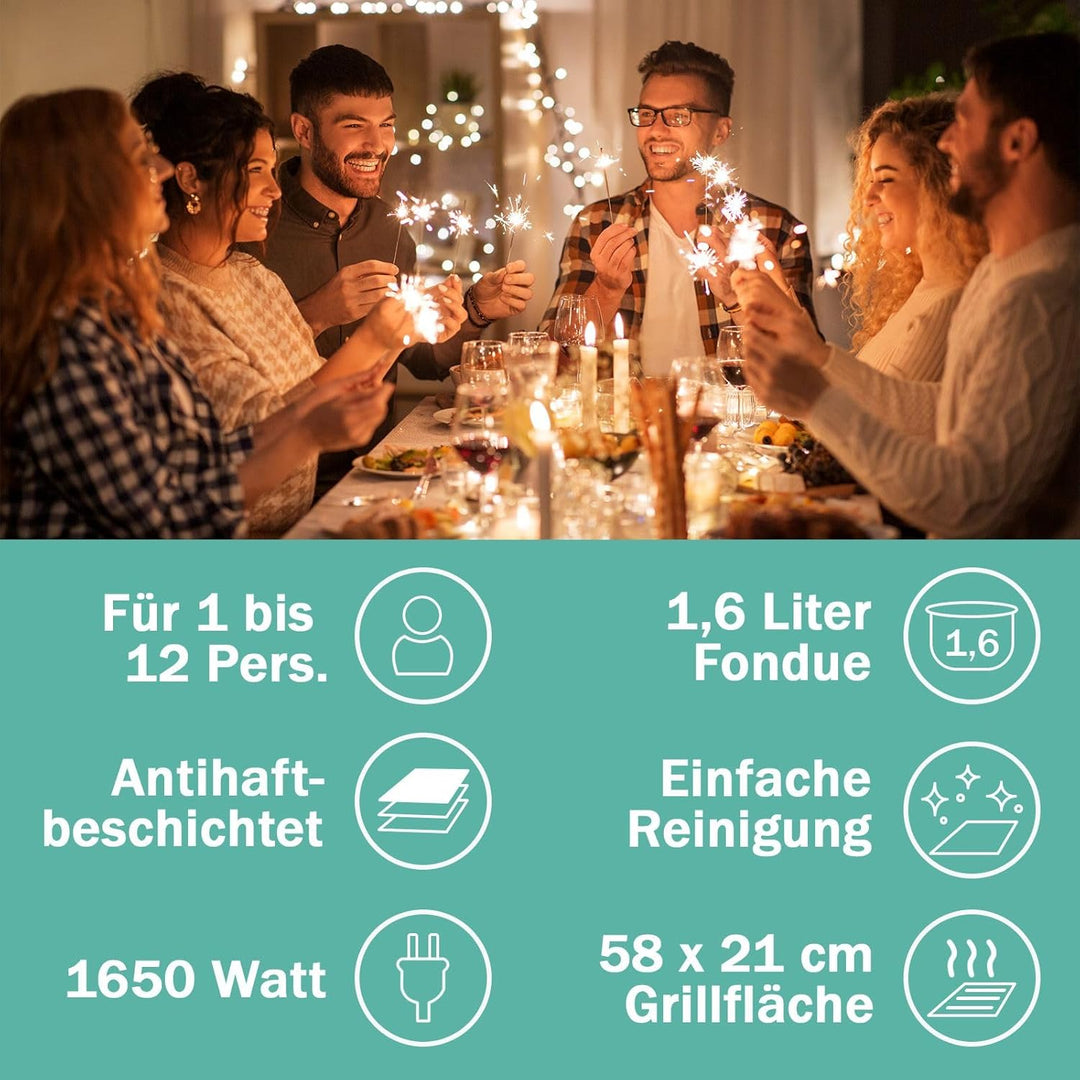 LUTEO® Raclette mit Fondue 12 Personen - Tischgrill elektrisch - Elektrogrill Steinplatte Grillplatt