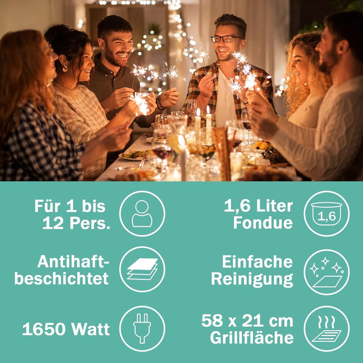 LUTEO® Raclette mit Fondue 12 Personen - Tischgrill elektrisch - Elektrogrill Steinplatte Grillplatt