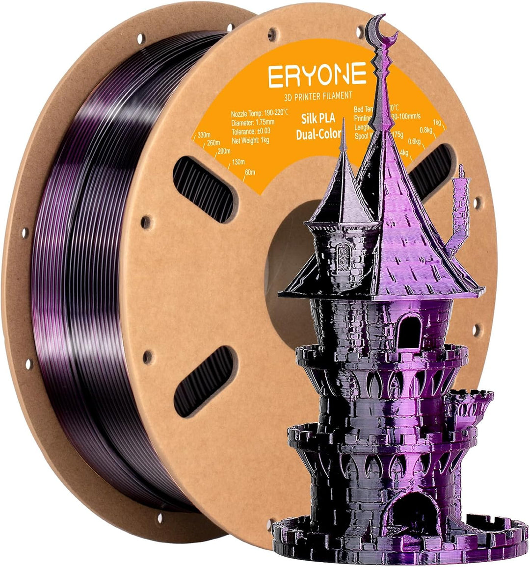 ERYONE Dual Zweifarbig PLA Filament 1.75mm, 3D Drucker Filament 1kg Spule +/- 0,02 mm, Seide Schwarz