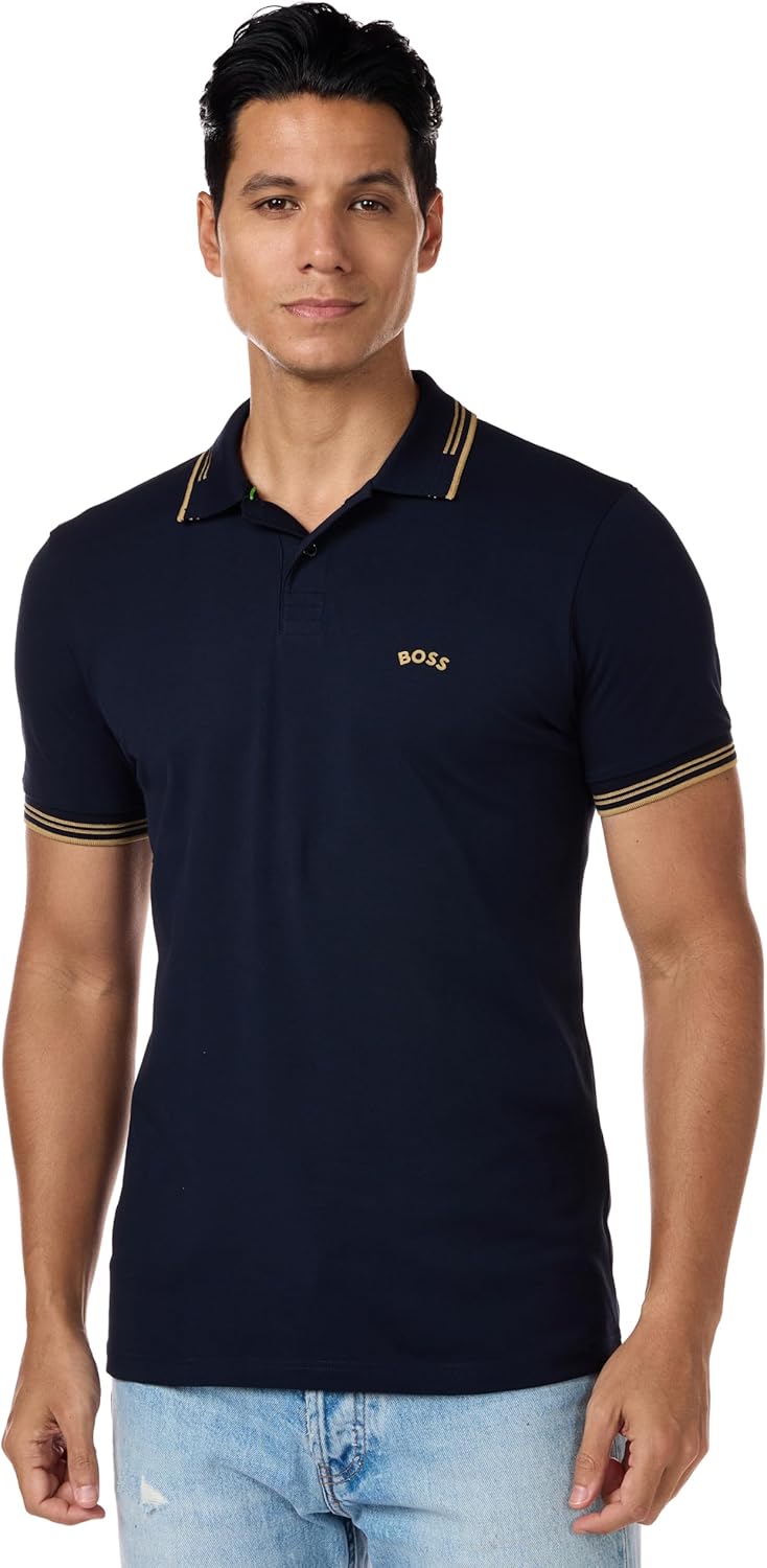 BOSS Herren Paul Curved Polo 3XL Dunkelblau/Gelb, 3XL Dunkelblau/Gelb