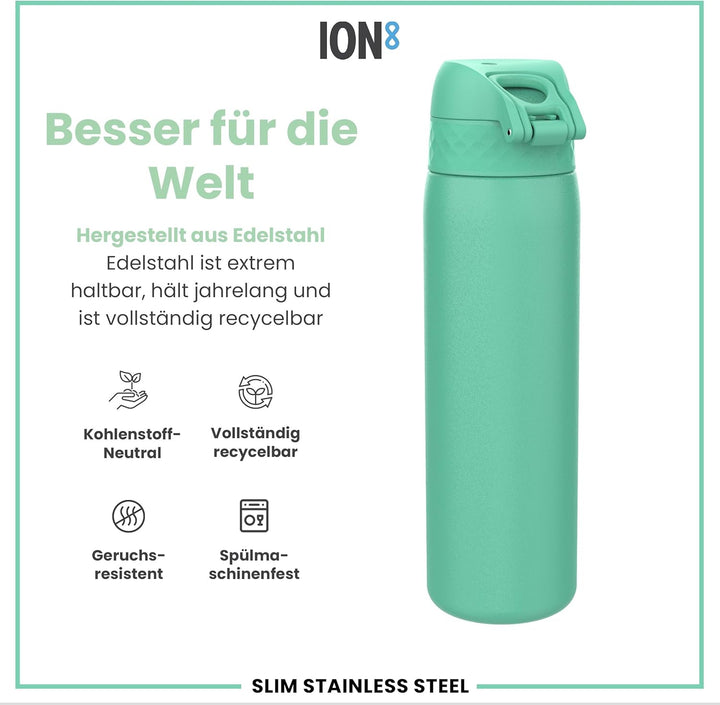 Ion8 Stahl-Trinkflasche, 600 ml, Auslaufsicher, Einhandöffnung, Sichere Verriegelung, Spülmaschinenf