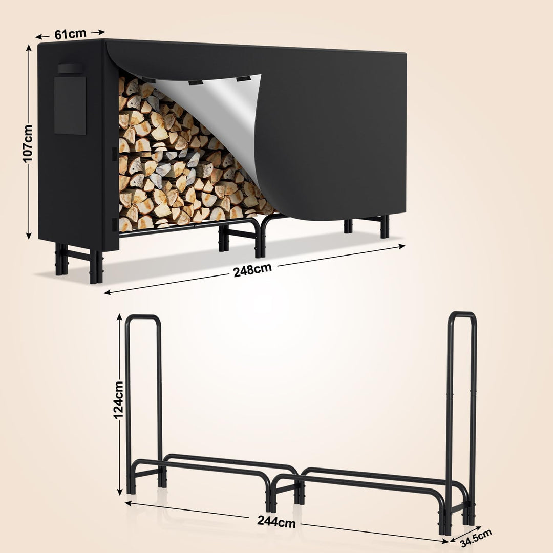 Lospitch Kaminholzregal mit Schutzhülle Stahlrahmen, Brennholzregal Aus Schwarzem Metall, Holzscheit
