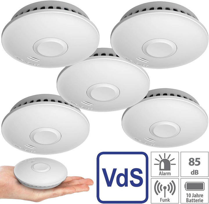 VisorTech Funkfeuermelder: 5er-Set vernetzbare Funk-Rauchmelder, 85 dB, VDs, 10-J.-Batterie (Funk-Ra