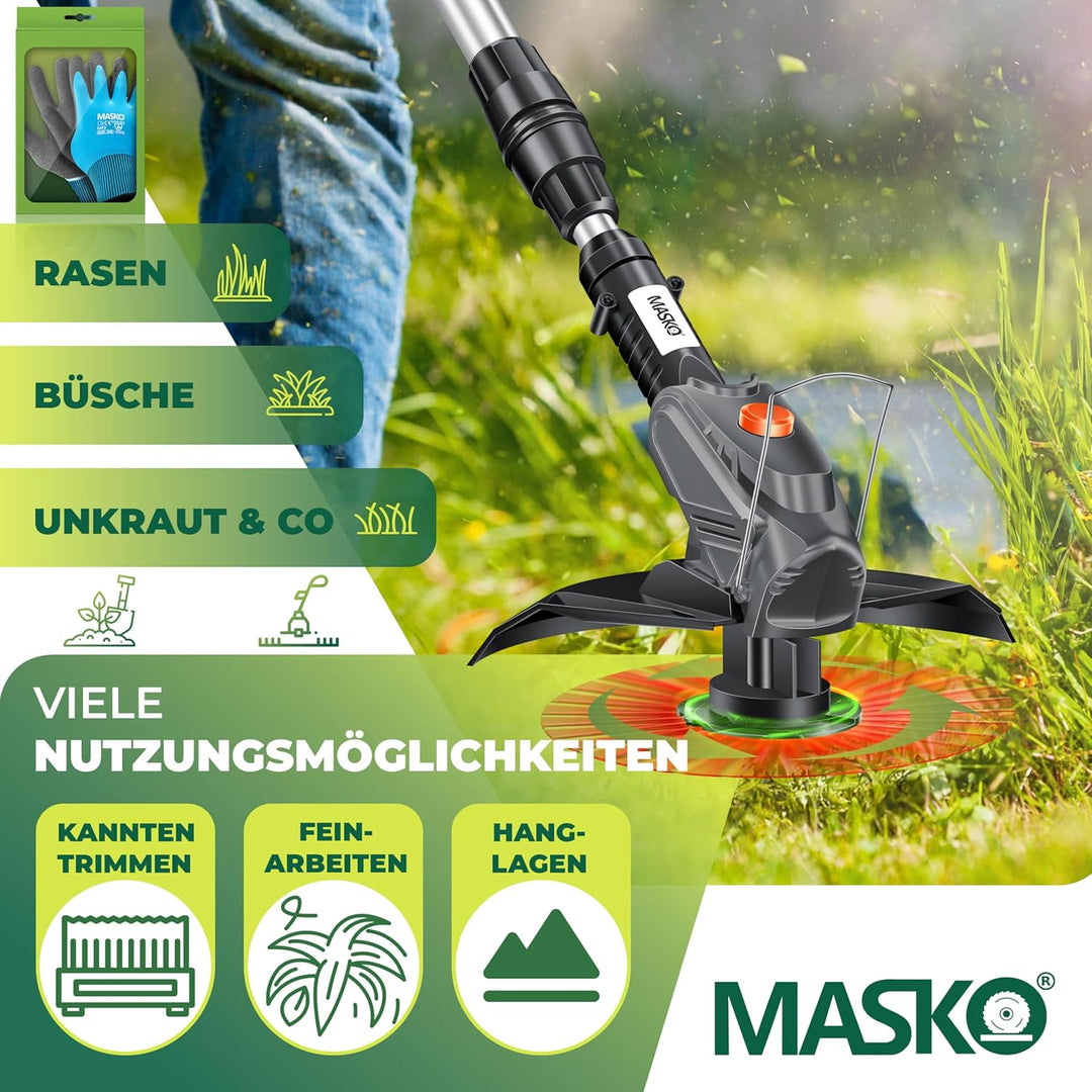 MASKO® Akku-Rasentrimmer mit 20 V Li-Akku, 2,0 Ah Akku und Ladegerät, Motorsense 26 cm Schnittkreis,