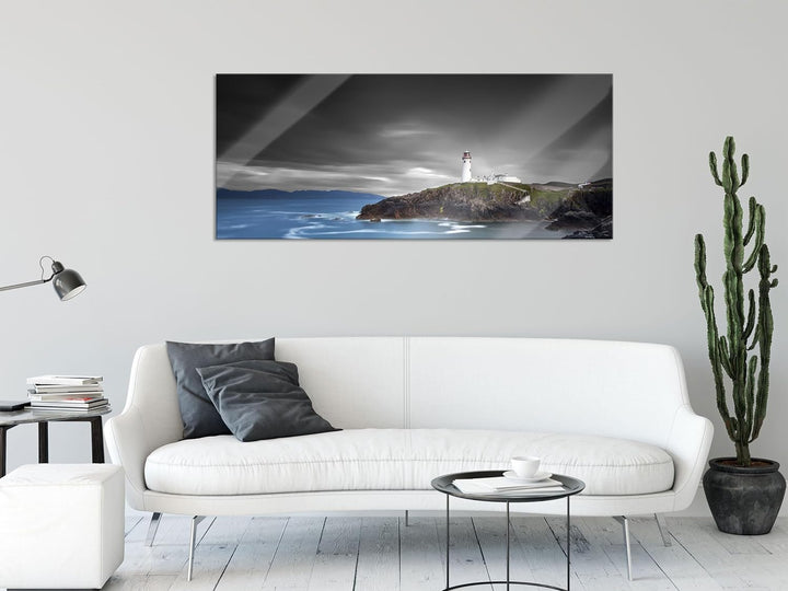 Glasbild Panorama | Wandbild aus Echtglas | Leuchtturm an traumhaft Meer | 100x40 cm | inkl. Aufhäng