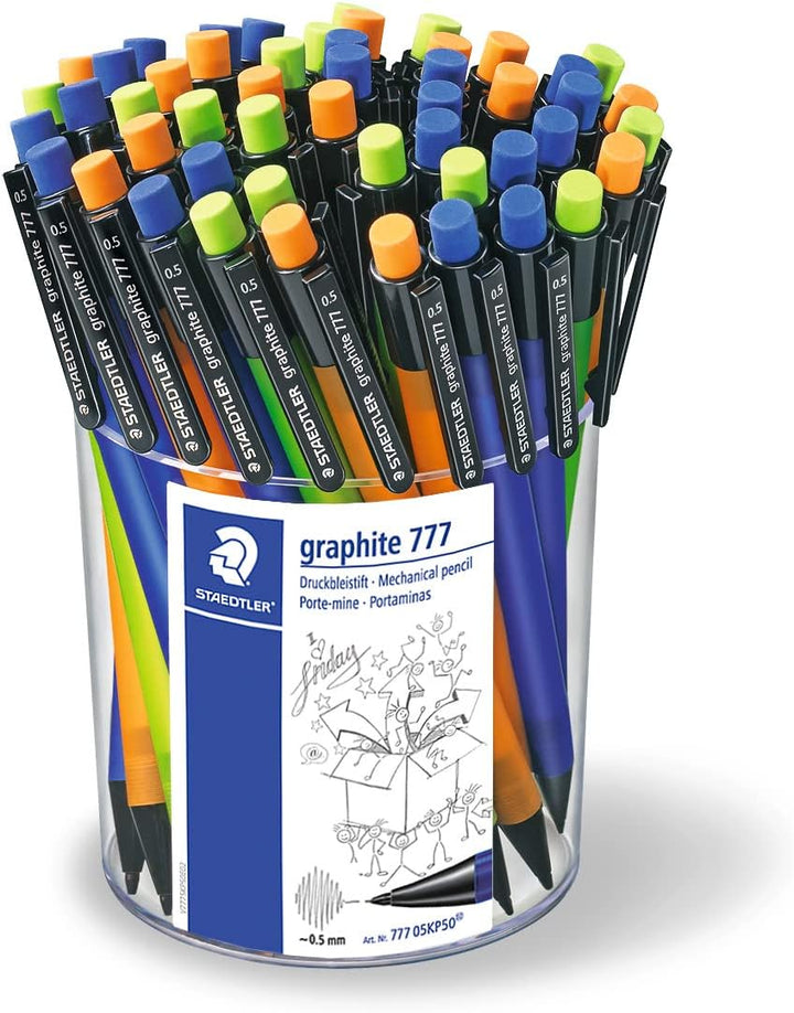 STAEDTLER 777 05KP50 Druckbleistift graphite gefüllt mit B-Minen, Minendurchmesser 0,5 mm, 3 Schaftf