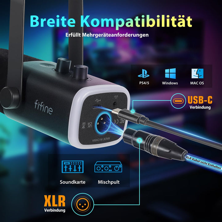 FIFINE XLR Streaming Mikrofon mit Arm für Podcast Studio, USB Dynamisch Microphone Gaming PC mit Stu