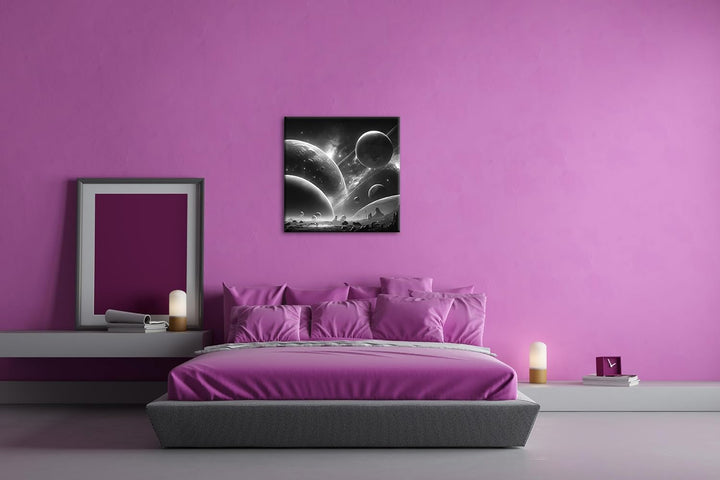 deyoli Planeten mit Baum bei Nacht im Format: 60x60 Effekt: Schwarz&Weiss als Leinwandbild, Motiv au