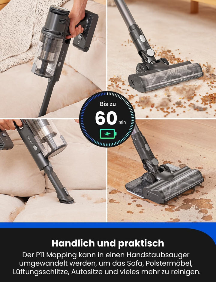 Proscenic P11 Mopping Staubsauger mit Wischfunktion, 35KPA/500W/50 Min 2 in 1 Akku Staubsauger Kabel