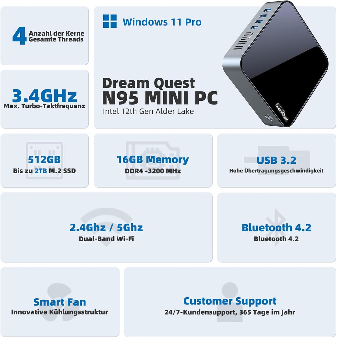 DreamQuest Mini PC Windows 11 Pro vorinstalliert 16GB DDR4 RAM 512GB M.2 SSD, Intel 12.Gen N95(bis z