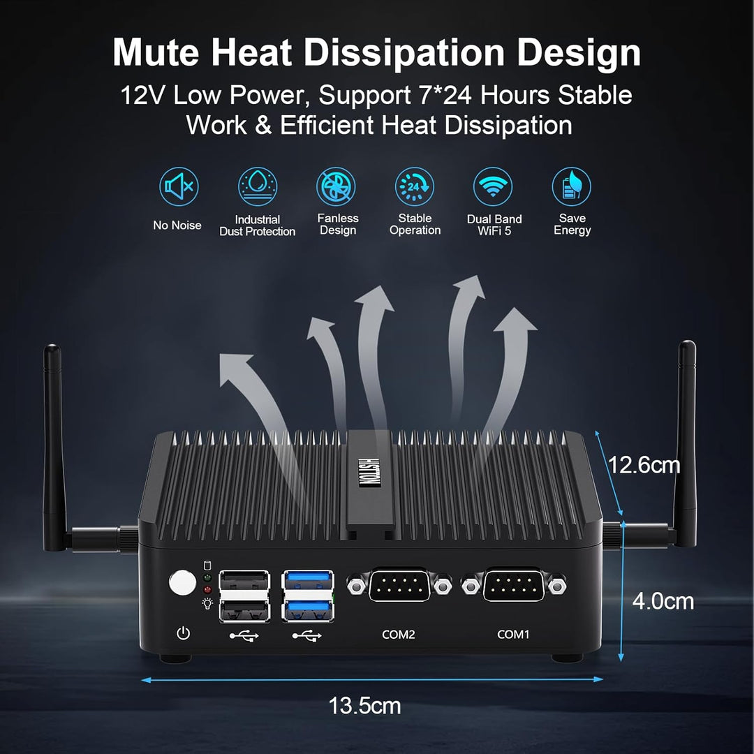 HISTTON N100 Mini PC Lüfterlos, DDR4 8GB RAM 128GB SSD, Industrie PC mit 2 RS232 COM, Dual LAN, WiFi