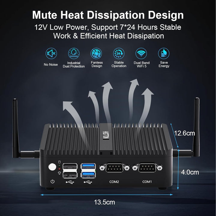 HISTTON N100 Mini PC Lüfterlos, DDR4 8GB RAM 128GB SSD, Industrie PC mit 2 RS232 COM, Dual LAN, WiFi