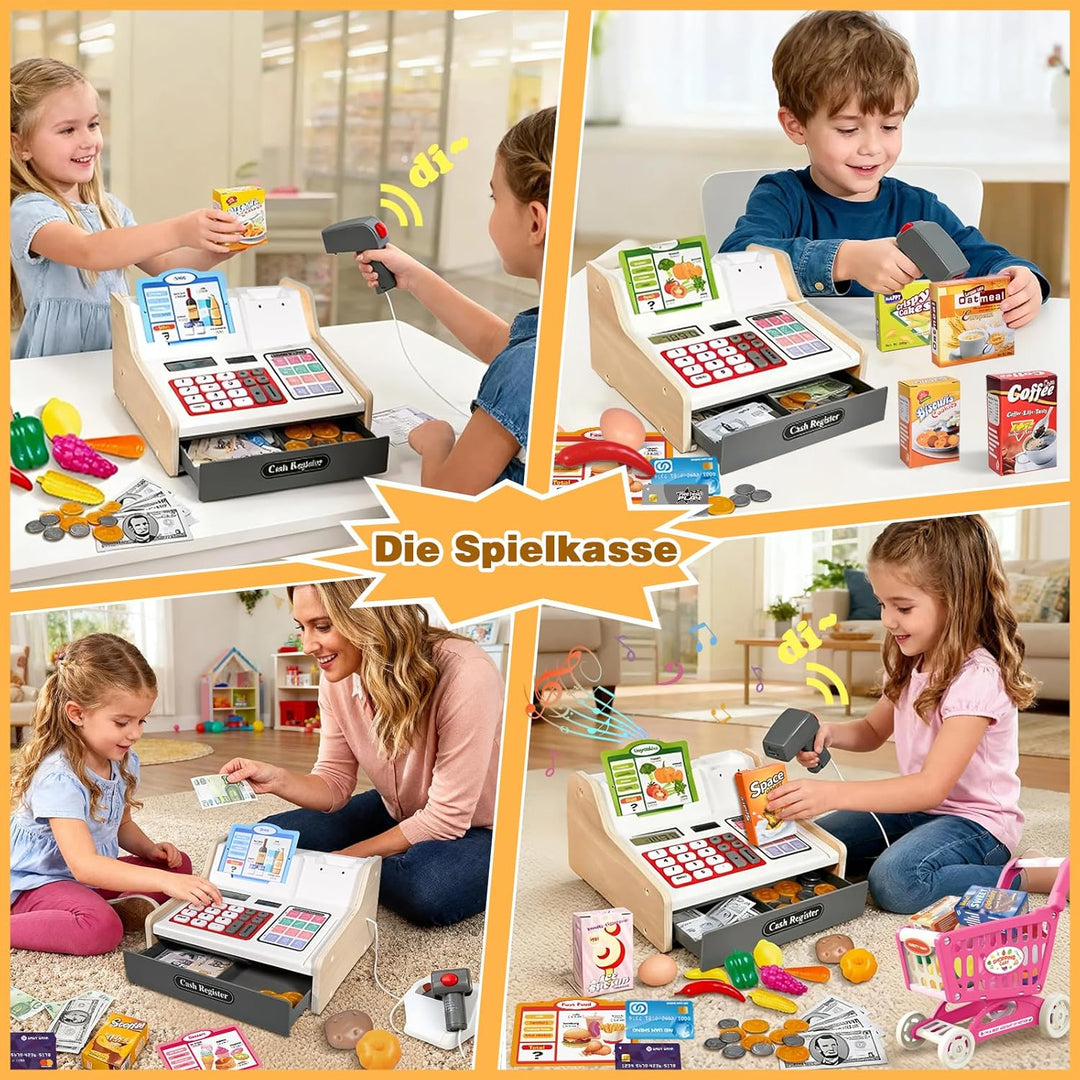 Kasse Kinder Holz mit Scanner und Sound, Spielkasse Kinder Set für Jungen Mädchen ab 3-6 Jahren, Ele