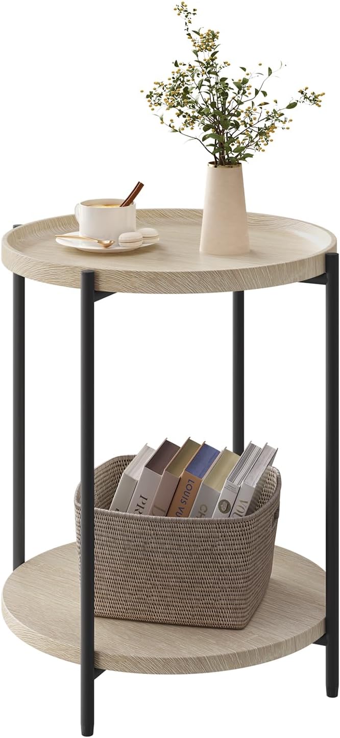 WOLTU Couchtisch rund, Beistelltisch mit 2 Ablagen, Wohnzimmertisch mit Abnehmbarer Tischplatte, Nac