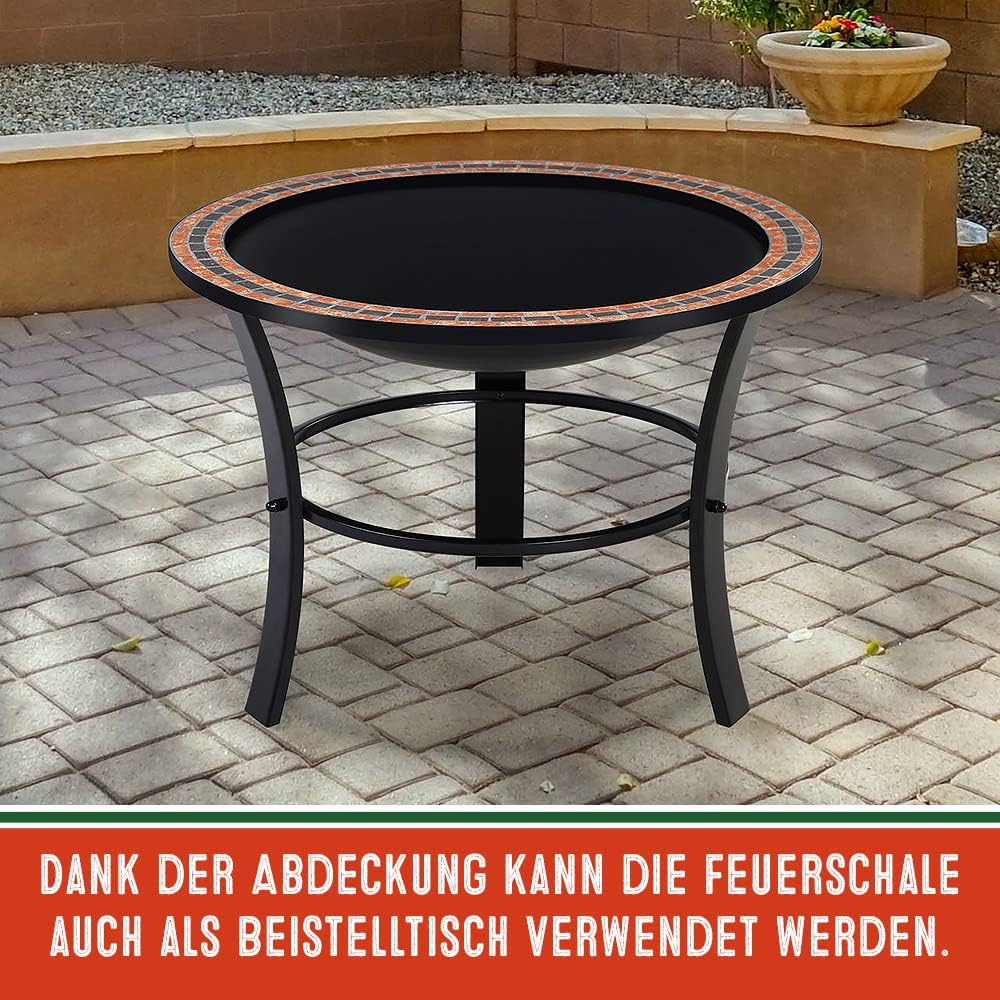 GARDEBRUK® Feuerschale Fuoco mit Funkenschutz Ø76cm Schürhaken Abdeckung Mosaik Rund Garten Terrasse
