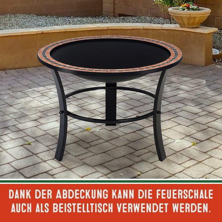 GARDEBRUK® Feuerschale Fuoco mit Funkenschutz Ø76cm Schürhaken Abdeckung Mosaik Rund Garten Terrasse