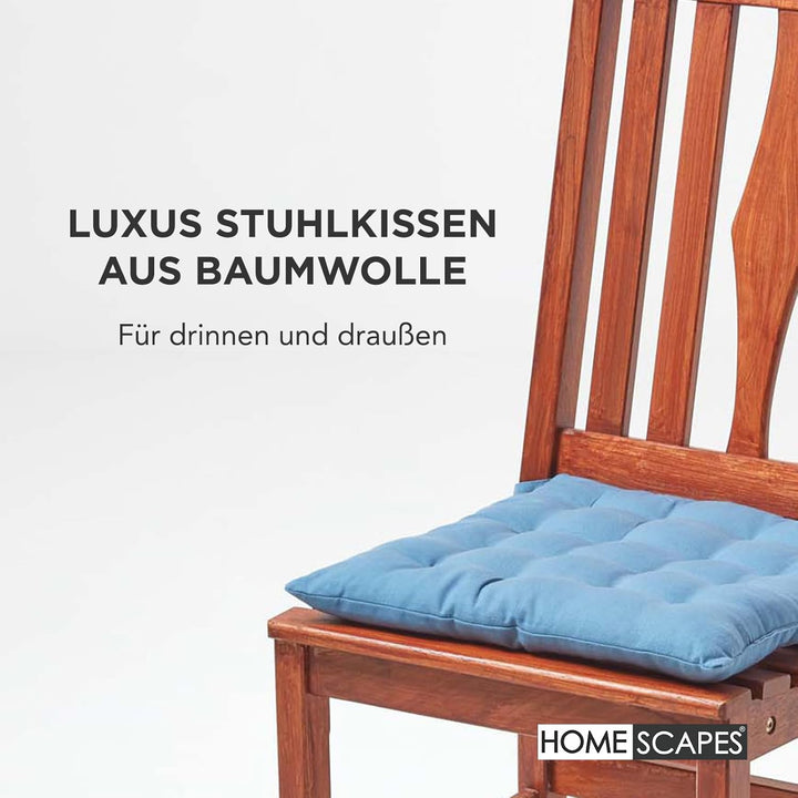 Homescapes 4er Set Stuhlkissen 40 x 40 cm, himmelbau, Sitzkissen mit Bändern und Knopfverschluss, ei