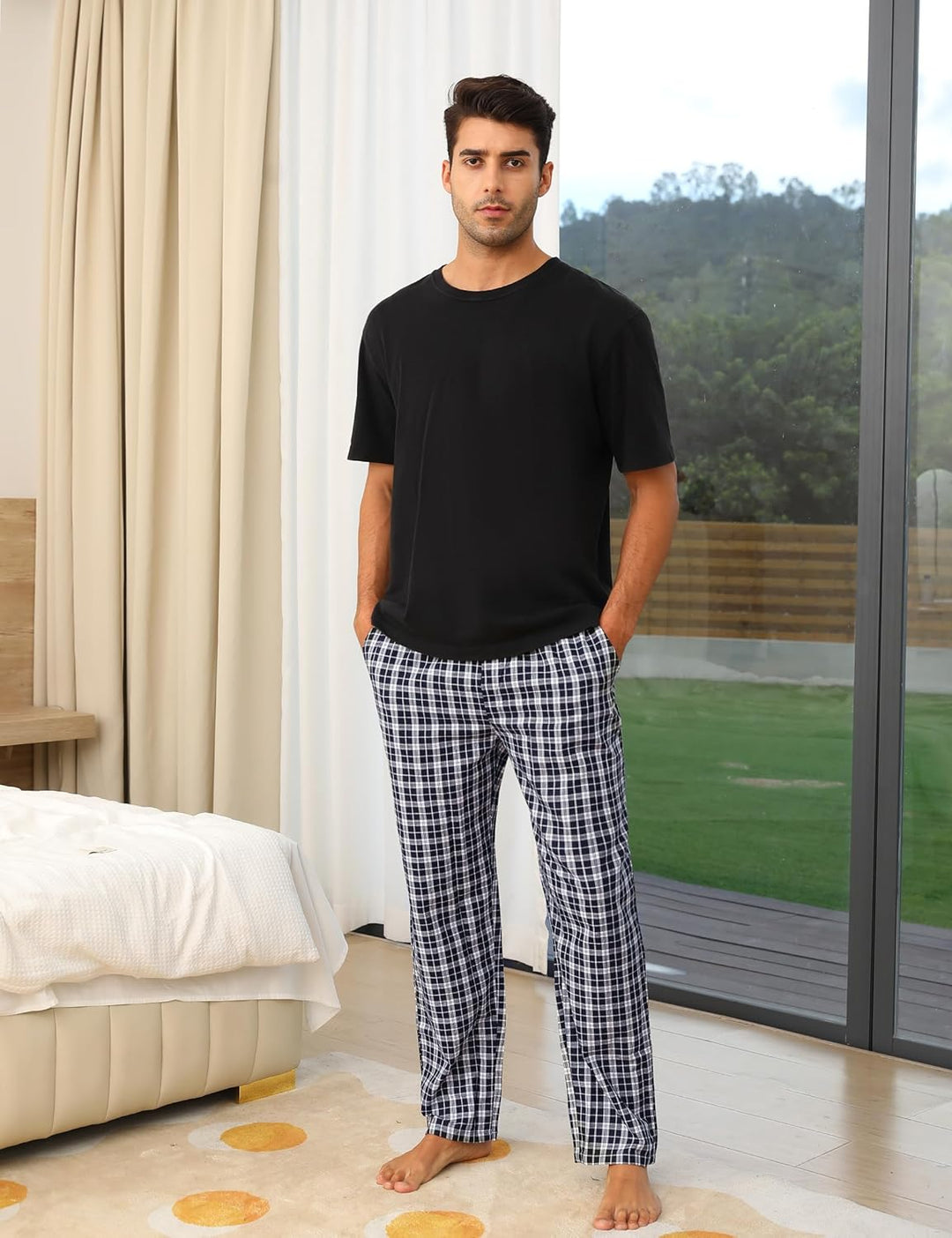 Litherday Schlafanzughose Herren Lang Kariert Pyjamahose 100% Baumwolle NachtwÀsche hose mit Taschen