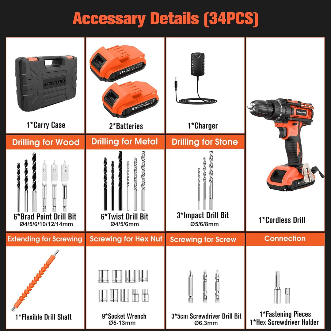 AKZWOXRO Akkuschrauber 21V, Akku Bohrschrauber mit 2 Akkus 2.0Ah, 42Nm Akku Bohrmaschine, 2 Gang, 25