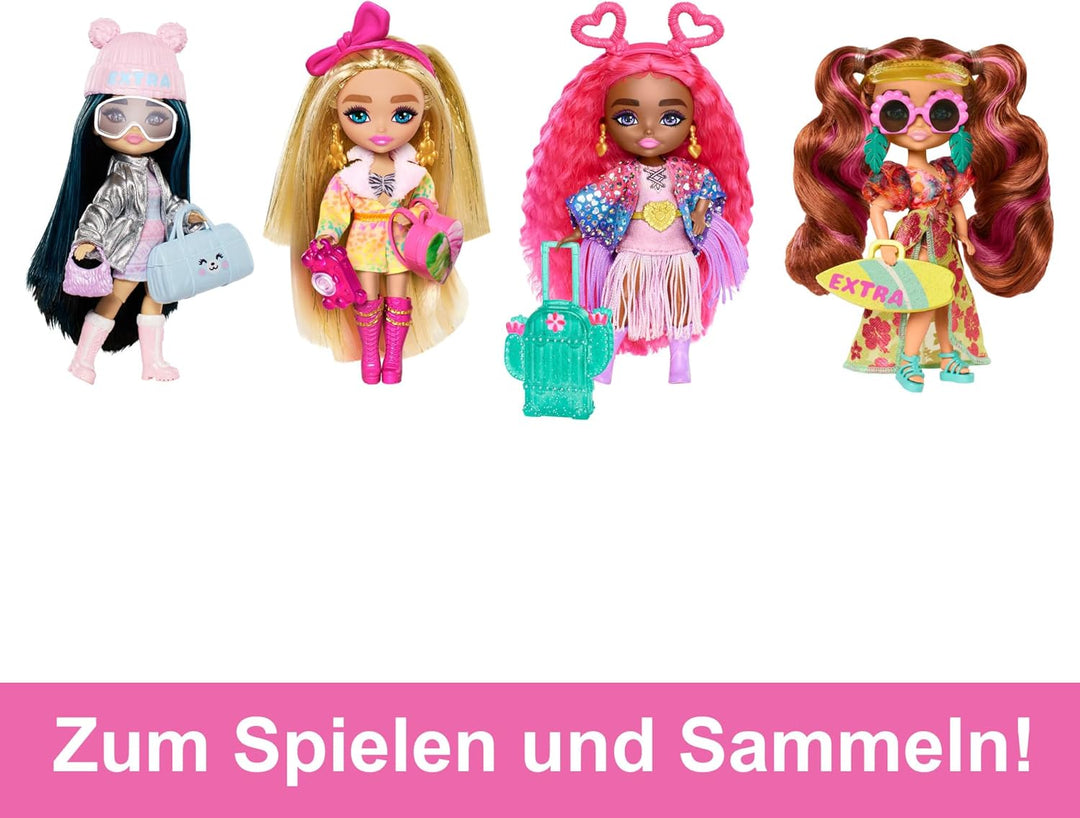 Barbie Extra Minis - Reisepuppe mit Accessoires für einen winterlichen Urlaub, inklusive Puppenständ