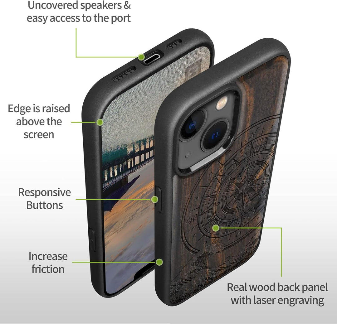 Carveit Handyhülle für iPhone 14 Holz Cover kompatibel mit MagSafe Massivholz für Apple 14 Stossfest