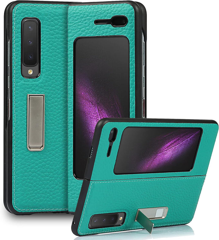 Handyhülle für Samsung Galaxy Fold, Ultradünn Luxus Litchi Korn Echtes Leder Hüllen mit Standfunktio