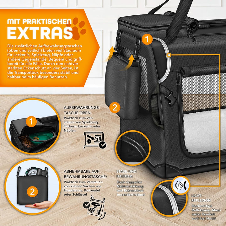 TRESKOยฎ Hundebox faltbar inkl. Leckmatte, Spatel & Reflektoren XXXL 102x69x69cm | Transportbox fรผr H