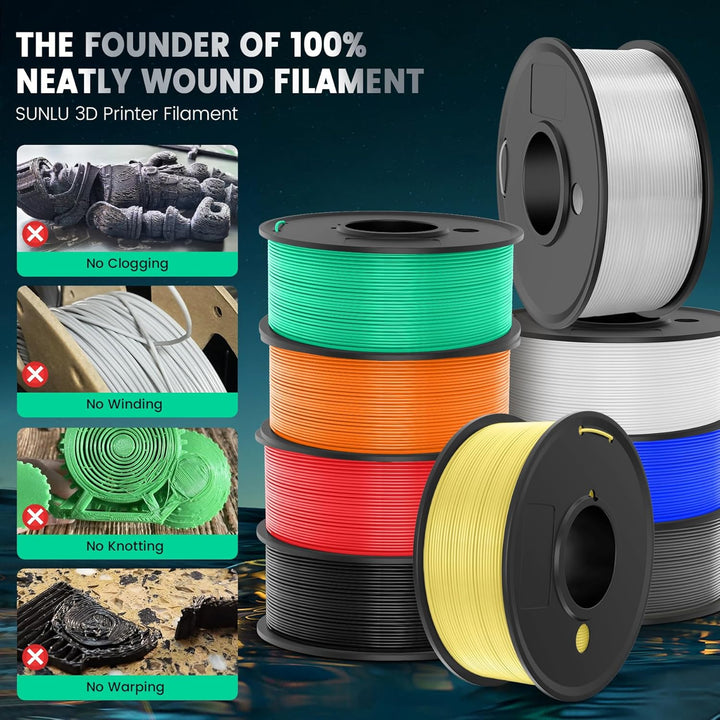 SUNLU PLA+ 3D-Druckerfilament 8er-Pack, PLA PLUS Filament 1,75 mm, 0,25 kg Spule, 8 Farben, Schwarz