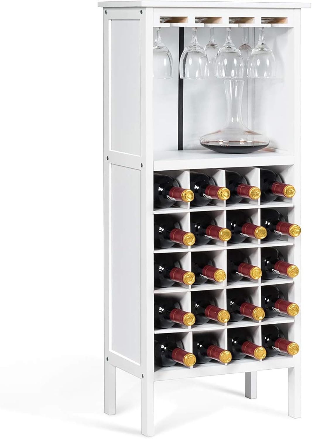 COSTWAY Weinschrank fĂŒr 20 Flaschen, Weinregal Holz, Flaschenregal mit GlasaufhĂ€nger, WeinstĂ€nder, G