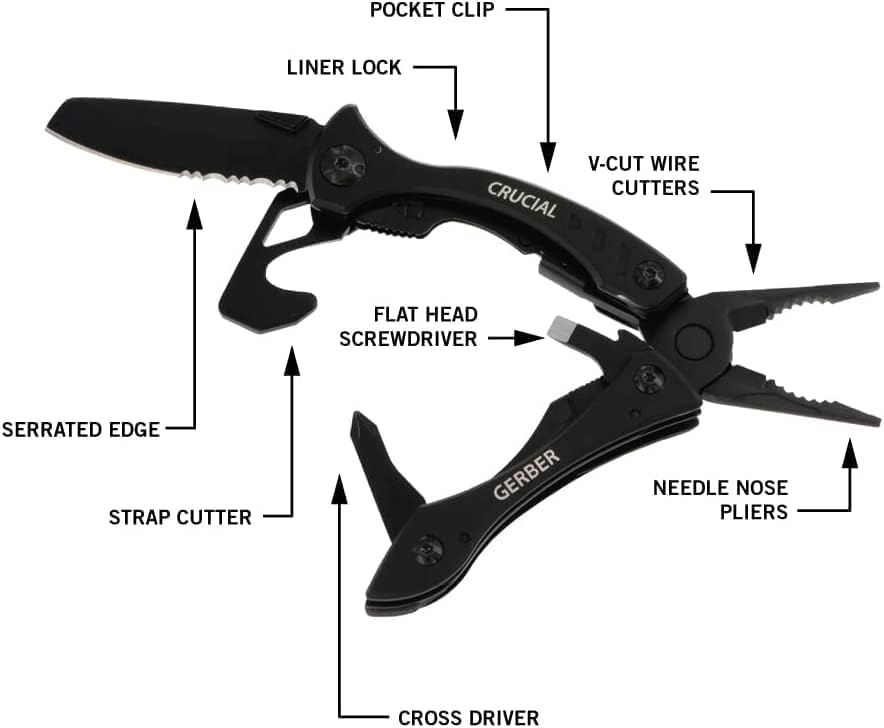 Gerber Multi-Tool mit 9 Funktionen und Gürtel-Clip, Crucial, Mit Gurtschneider und Liner-Lock-Verrie
